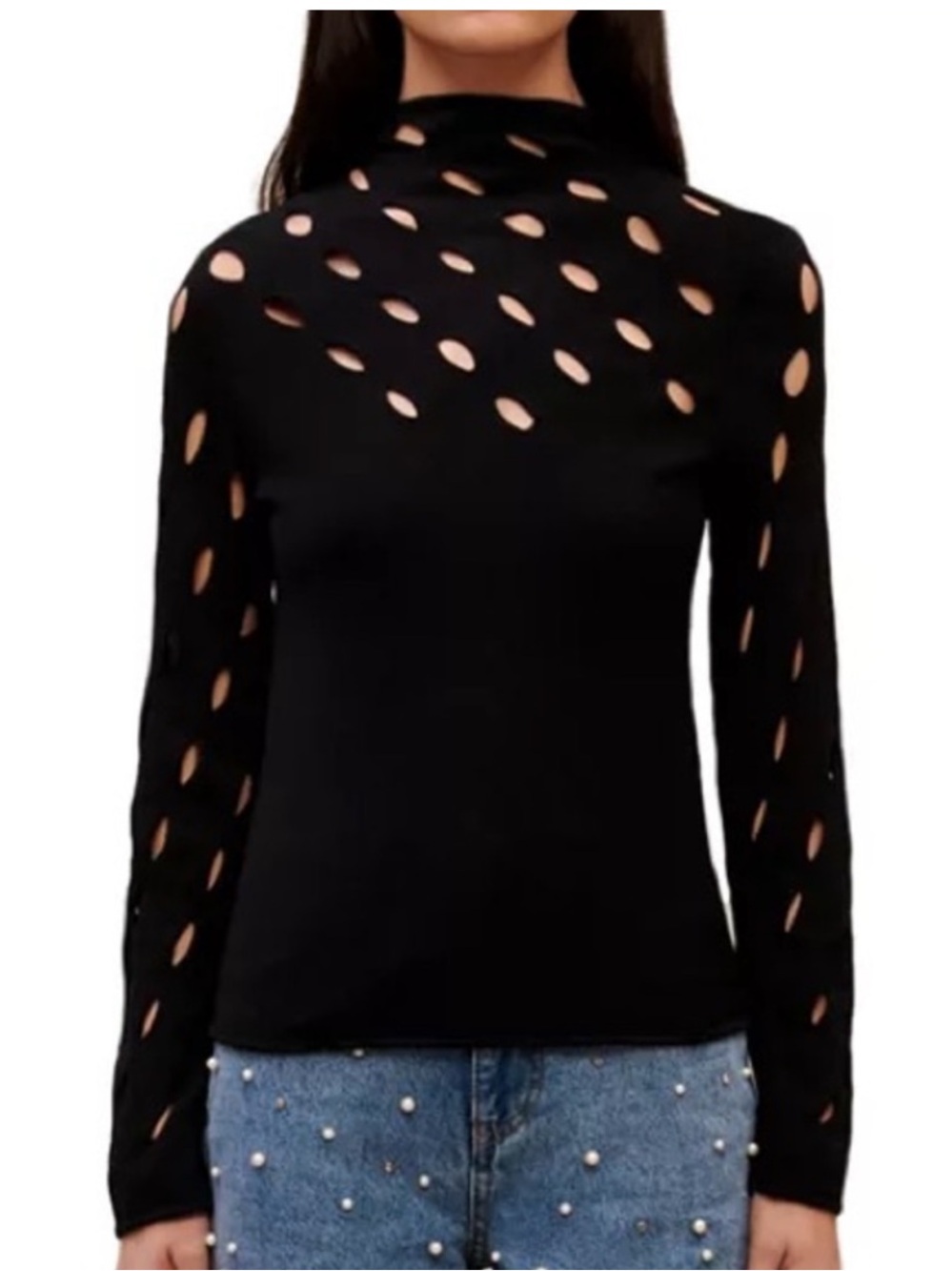Maje Black Openwork Turtleneck Top